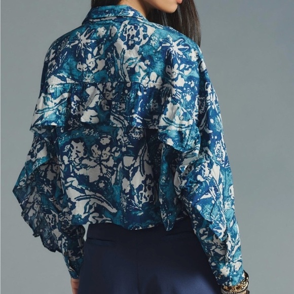 Pilcro Anthropologie Cropped Batwing Blouse XXS Oversized Ruffle Batik Blue - Picture 4 of 16